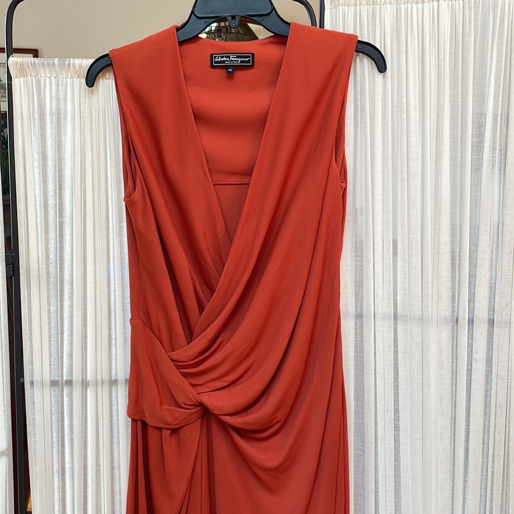 Salvatore Ferragamo Burnt Orange V Neck Midi Dress - Picture 5 of 11